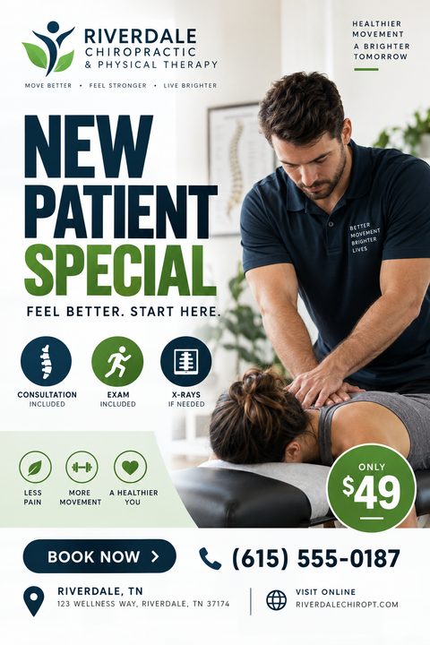 Flyer for Riverdale Chiropractic & Physical Therapy offering a New Patient Special for $49. Shows a male chiropractor adjusting a female patient's back. Includes icons for consultation, exam, and x-rays.