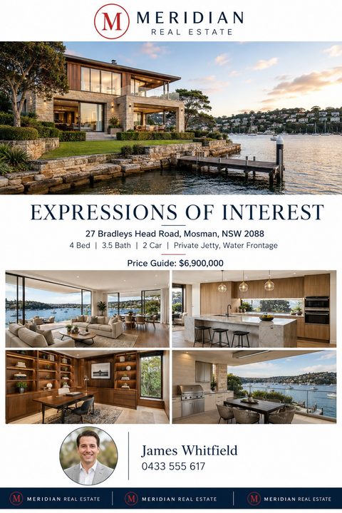 Real estate flyer template titled 'Expressions of Interest' featuring a large photo of a waterfront mansion, four smaller interior photos, property details, price guide, and agent contact information.