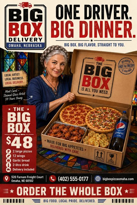 A rustic pizza delivery flyer featuring bold vintage typography and a photo of a woman holding a massive cardboard box filled with pizzas, wings, garlic bread, and soda.