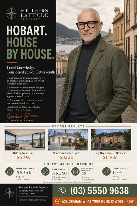 A real estate agent profile flyer featuring a large portrait of a man on a dark background, three photos of recently sold homes, and a market snapshot section with statistics and icons.