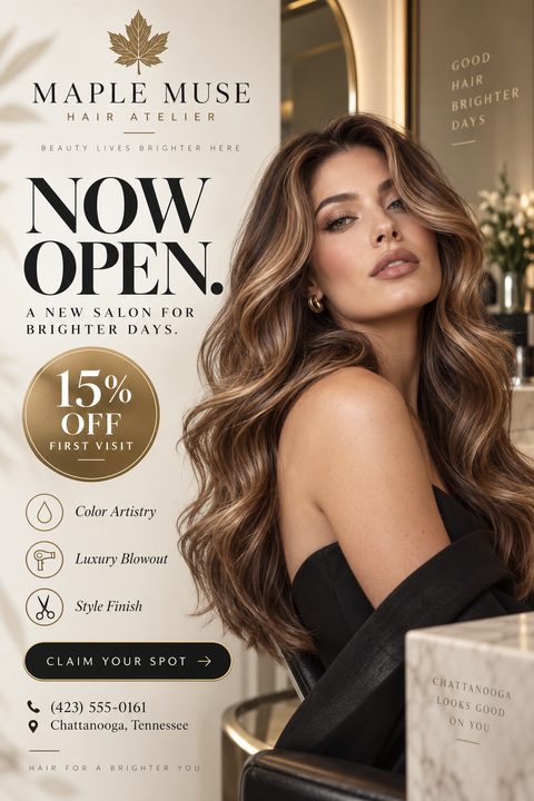 A flyer for a hair salon grand opening. The left side has a cream background with black text, a gold leaf logo, and a gold circle offering 15% off. The right side features a large photo of a woman with long, wavy brown hair.