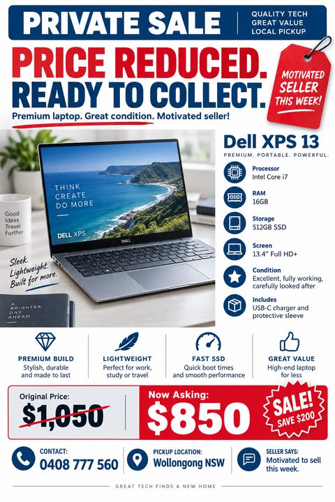 A bold private sale flyer for a laptop featuring a large photo of the computer, red and blue text, specification icons, a red price tag, and a crossed-out original price showing a discount.