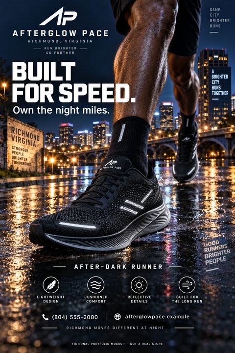 Flyer for running shoes featuring a close-up of a runner's legs and feet wearing black sneakers on a wet city street at night. Text reads 'Built for Speed. Own the night miles.' with icons highlighting shoe features.