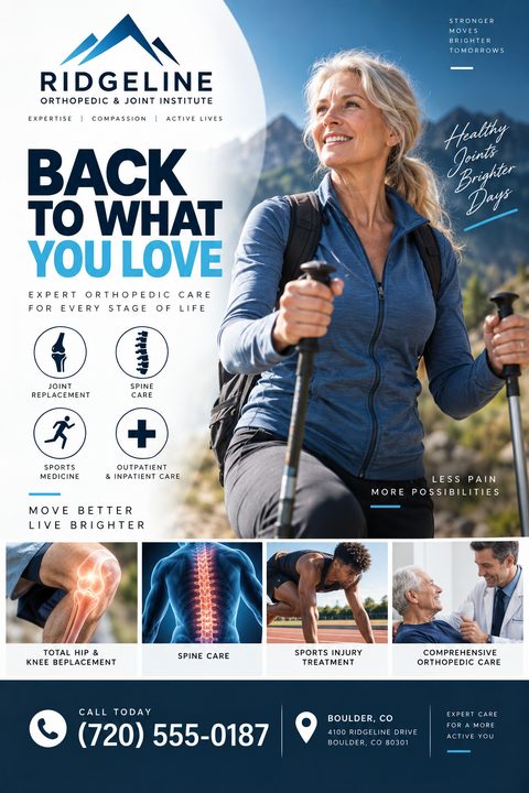 Flyer for Ridgeline Orthopedic & Joint Institute. Features a woman hiking, icons for joint replacement, spine care, sports medicine, and outpatient care. Includes photos of a knee, spine, athlete, and doctor with patient.