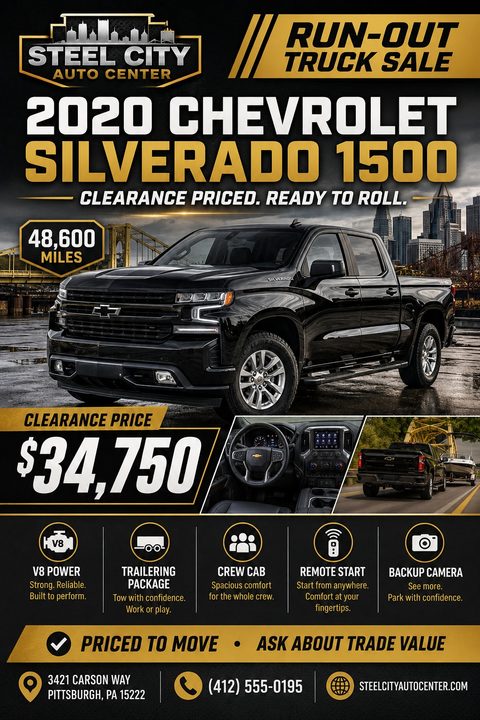 A bold black and gold flyer for an auto dealership. It features a large photo of a black pickup truck, inset photos of the interior and towing, feature icons, and a large clearance price.