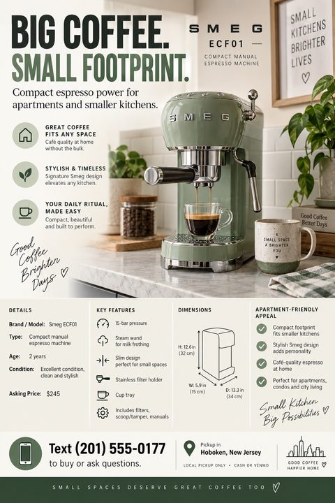 A flyer advertising a used Smeg espresso machine for sale. It features a large photo of a sage green espresso machine on a kitchen counter, with sections for details, key features, dimensions, and contact information.