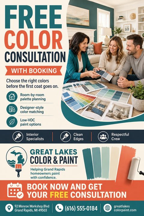 A painting service flyer featuring a photo of a consultant showing color swatches to a couple. Bold teal and orange text highlights a free color consultation offer, alongside service icons and contact details.