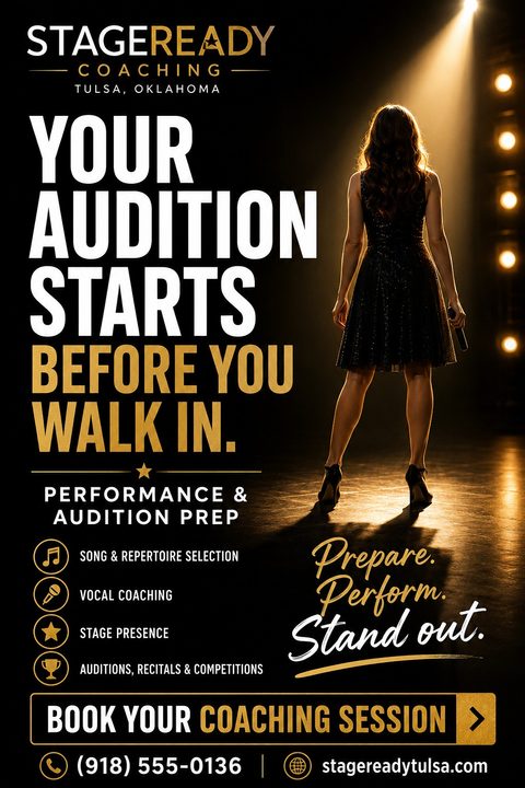 A flyer for Stage Ready Coaching featuring a woman in a black dress standing on a stage illuminated by a spotlight. Text reads 'Your audition starts before you walk in.' and lists services like vocal coaching and stage presence.