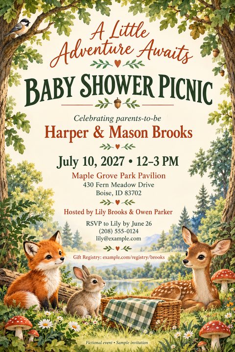 Baby shower picnic invitation flyer with illustrations of a fox, bunny, and fawn sitting in a grassy clearing with a picnic basket, framed by oak trees.