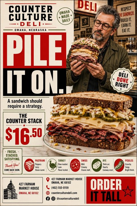 A vintage-style deli flyer featuring a man holding a massive stacked sandwich, a close-up of the sandwich, bold red and black text, price, ingredient icons, and contact details on a cream background.