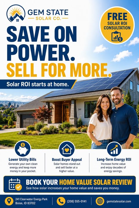 A flyer for a solar company featuring a happy couple standing in front of a house with solar panels on the roof. The text highlights the financial benefits of solar energy, such as lower utility bills and increased home value.
