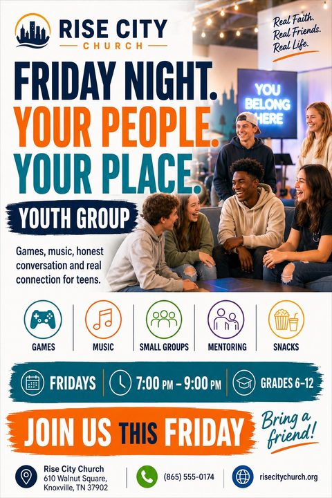 Youth group flyer for Rise City Church with a photo of teens laughing together. Bold text reads 'Friday Night. Your People. Your Place. Youth Group.' Icons highlight games, music, small groups, mentoring, and snacks.