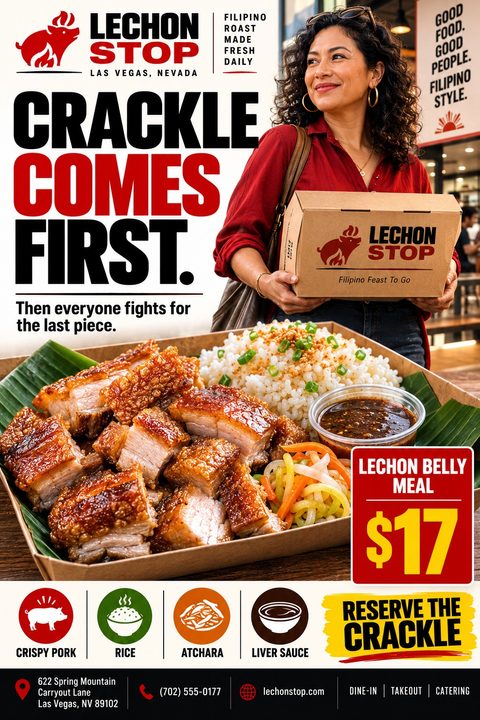 A promotional flyer for a restaurant featuring a large photo of a woman holding a takeout box and a close-up of a roast pork meal with rice. Bold text reads 'Crackle Comes First.' with a price tag of $17.