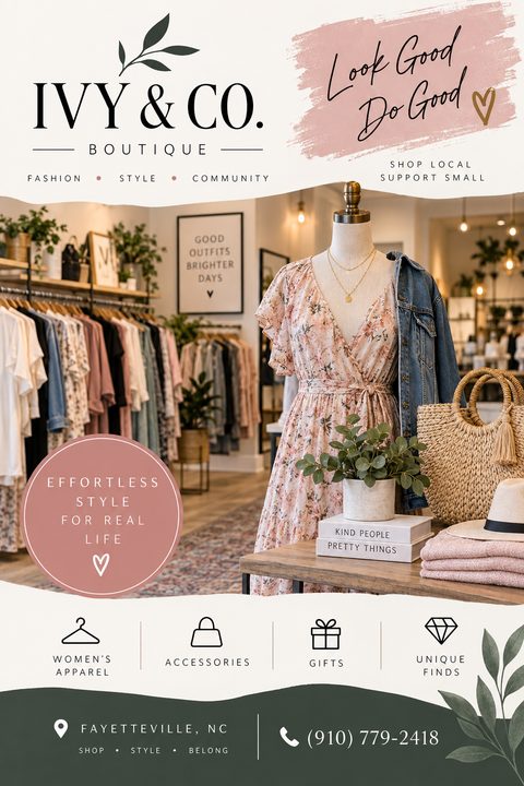 Flyer for a fashion boutique with a photo of a mannequin wearing a floral dress and denim jacket in a clothing store. Text includes 'Look Good Do Good' and 'Shop Local Support Small'.