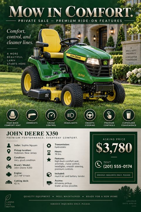 A flyer advertising a ride-on mower for sale. The top half features a large photo of a green and yellow John Deere mower on a lawn. Below are icons highlighting features like a high-back seat and cruise control. The bottom half lists specifications.