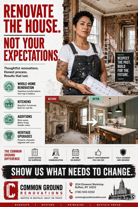 Flyer for a renovation company featuring a large photo of a female contractor holding blueprints in a gutted room, alongside before and after photos of a kitchen remodel, and a list of services.