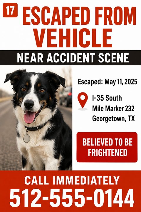Lost pet flyer template with bold red text 'Escaped From Vehicle' above a photo of a black and white dog. Includes space for date, location, and a large phone number at the bottom.