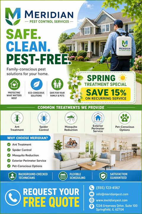 Pest control flyer template featuring a technician spraying a lawn, a clean living room, icons for services like ant and spider control, and a 'Spring Treatment Special' offer.