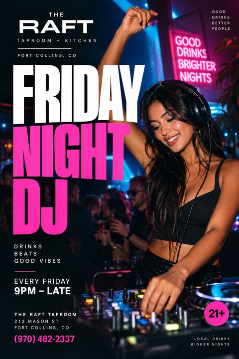 A vibrant club flyer featuring a female DJ mixing music in a neon-lit venue. Large white and neon pink text reads 'Friday Night DJ' over the dark, energetic background.