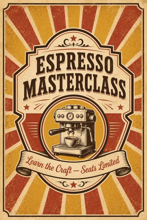 Vintage-style flyer for an Espresso Masterclass featuring a retro sunburst background in red and gold. A central badge displays an illustrated espresso machine pouring coffee, with a banner reading 'Learn the Craft - Seats Limited'.