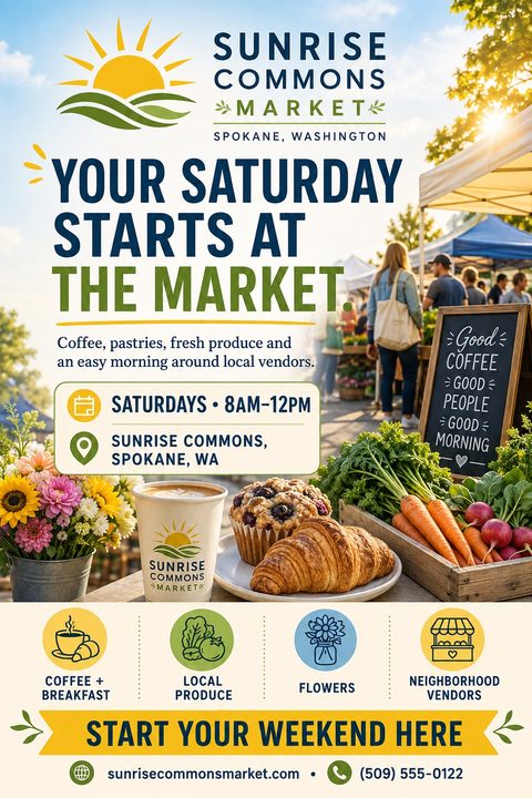 Flyer for Sunrise Commons Market. Shows a sunny outdoor market scene with fresh produce, coffee, and pastries in the foreground. Text reads 'Your Saturday Starts at the Market.' Includes icons for coffee, local produce, flowers, and neighborhood.