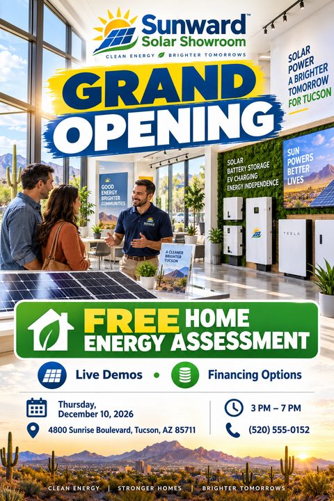A grand opening flyer for a solar showroom featuring a photo of a salesman talking to a couple. It has bold blue and yellow brush stroke text and a green free assessment banner.