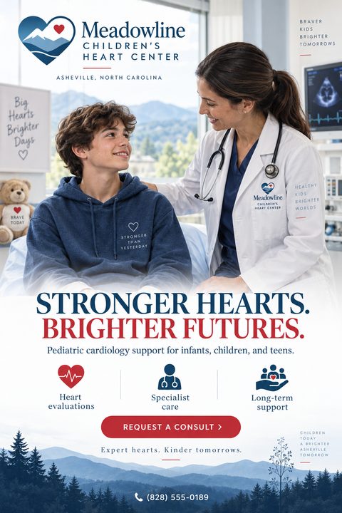 Flyer for a children's heart center featuring a doctor smiling at a teenage patient. Text reads 'Stronger Hearts. Brighter Futures.' with icons for heart evaluations, specialist care, and long-term support.