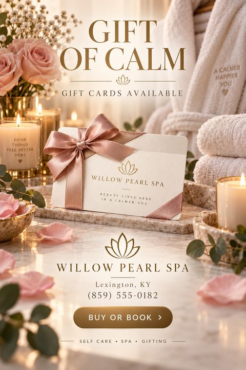 A luxurious spa setting with a gift card tied with a pink ribbon resting on a marble tray. Candles, pink roses, and fluffy white towels surround the gift card. Text reads 'Gift of Calm, Gift Cards Available'.
