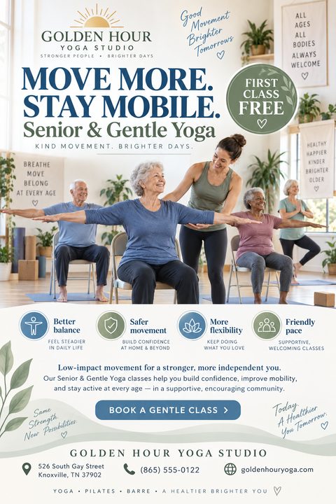 A bright yoga class flyer featuring a photo of seniors doing chair yoga with an instructor. It includes soft blue and green text, benefit icons, and a free first class badge.