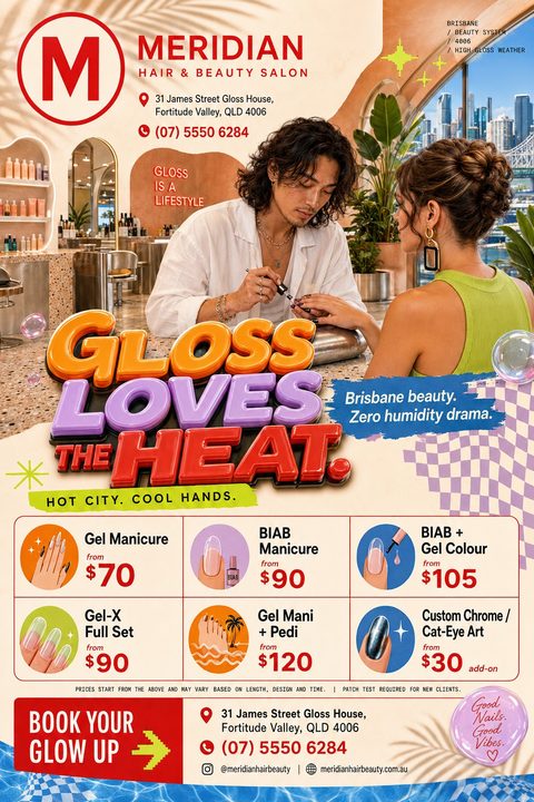 A vibrant nail salon flyer featuring a photo of a technician doing a manicure. It includes bold 3D text 'GLOSS LOVES THE HEAT', retro checkerboard patterns, and a detailed price list for nail services.