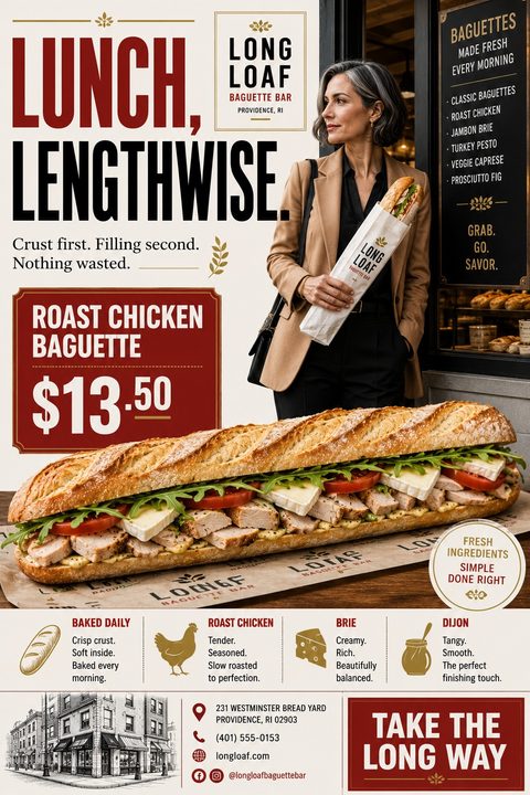 A classic deli menu flyer featuring a large photo of a baguette sandwich, a woman holding a wrapped baguette, a menu board, and an illustrated breakdown of fresh ingredients on a cream background.
