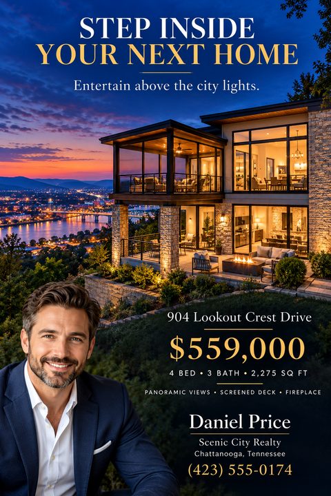 A real estate flyer featuring a large photo of a modern luxury home at twilight overlooking a city. Elegant gold text displays the property details, price, and a real estate agent's portrait.