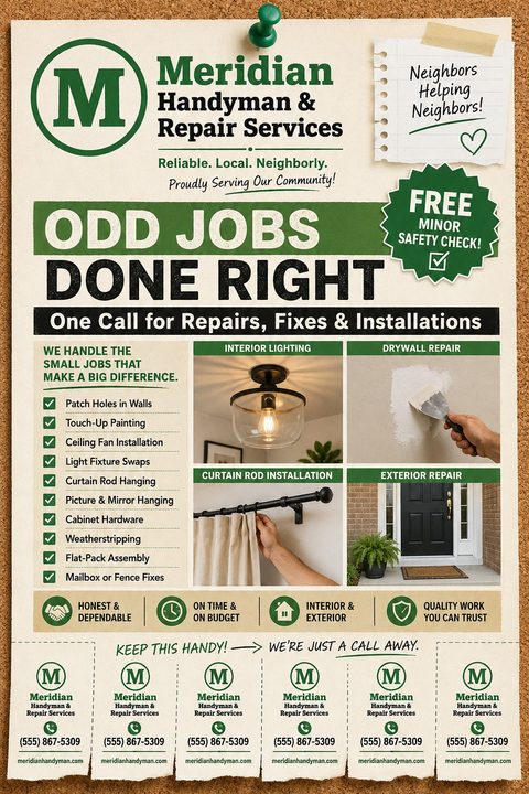 A handyman services flyer designed to look like a notice pinned to a corkboard. It features dark green text, a service checklist, four photos of home repairs, and tear-off contact tabs at the bottom.