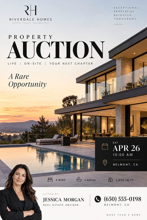 Real estate flyer for a property auction featuring a large photo of a modern luxury home with a pool at sunset. Text reads 'Property Auction, Live, On-Site, Your Next Chapter, A Rare Opportunity'. Includes date, time, location, property details, and.