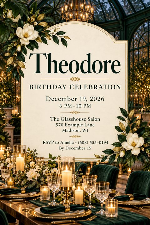 A birthday party invitation flyer with a cream-colored central panel featuring dark green text. The background shows an elegant dinner table setting with lit candles, crystal glasses, and dark green velvet chairs in a glasshouse setting. White.