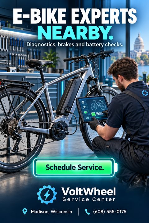 A mechanic uses a tablet to run diagnostics on an electric bicycle in a modern workshop. Text reads 'E-Bike Experts Nearby. Diagnostics, brakes and battery checks.' with a 'Schedule Service' button.