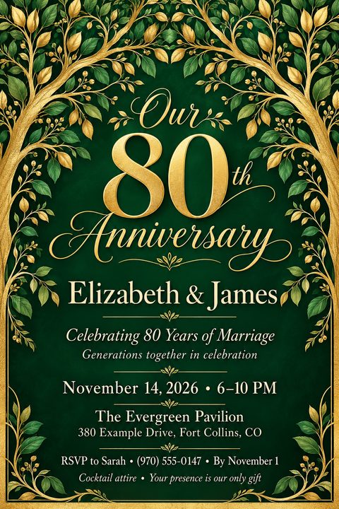 An elegant anniversary invitation flyer featuring a dark green background framed by ornate, intertwining gold and green tree branches. Large gold text reads Our 80th Anniversary above event details.