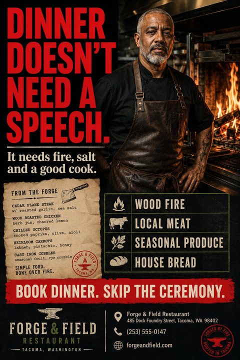 A rustic restaurant flyer featuring a portrait of a chef in a leather apron standing next to a wood fire grill. Large red text reads 'DINNER DOESN'T NEED A SPEECH.' Below is a parchment-style menu and a list of features like 'WOOD FIRE' and 'LOCAL.