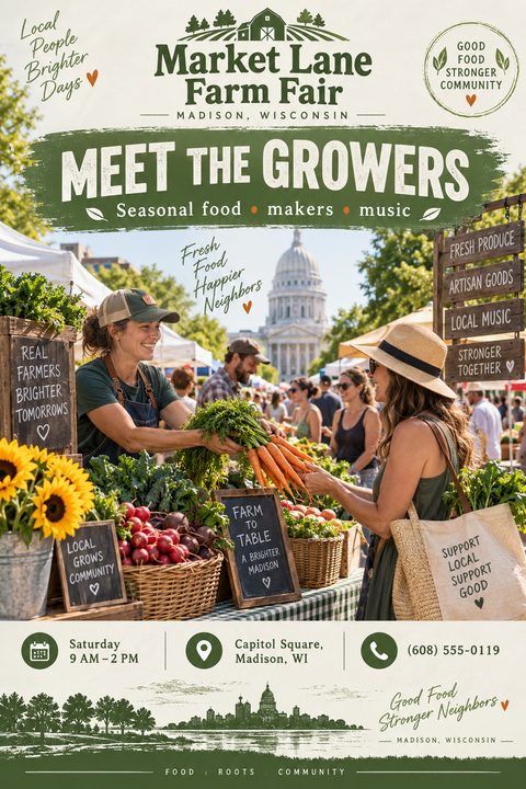 A rustic farmers market flyer featuring a vendor handing fresh carrots to a customer. It includes green brushstroke headers, wooden signs, and a city skyline silhouette at the bottom.