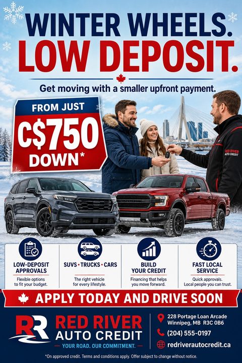 A flyer for an auto finance company with a winter theme. It features a couple receiving car keys from a salesman, with a black SUV and a red pickup truck parked in the snow below. The headline reads 'Winter Wheels. Low Deposit.'