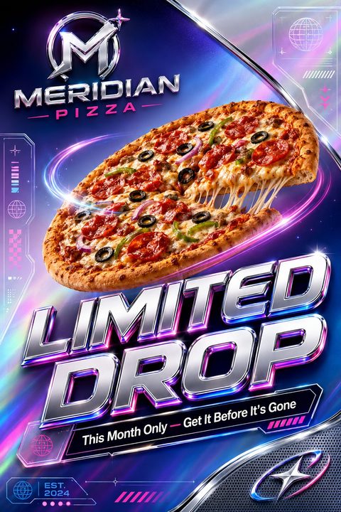 A futuristic flyer for a pizzeria featuring a large, appetizing pizza with a slice being pulled away, surrounded by neon pink and blue glowing rings. The text 'LIMITED DROP' is in large, metallic, 3D letters. The background is a dark, starry space.