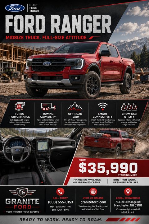 A promotional flyer for a red Ford Ranger truck, featuring a large image of the truck on a construction site, icons highlighting its features, interior and exterior shots, a starting price of $35,990, and dealership contact information.