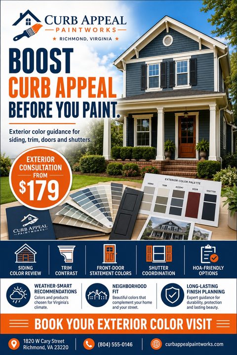 A flyer for exterior painting services featuring a blue two-story house, paint swatches on a table, and a navy and orange layout with icons detailing color review and coordination services.
