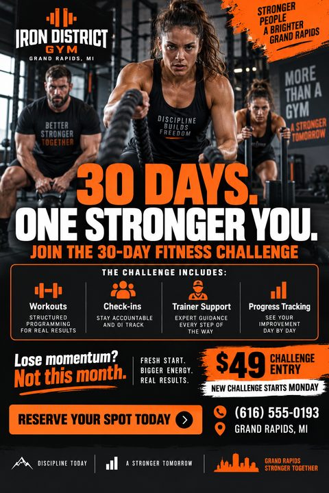 A fitness challenge flyer with a black background and bold orange text. The top half features a photo of three people working out intensely in a gym. The bottom half includes details about the challenge, pricing, and contact information.