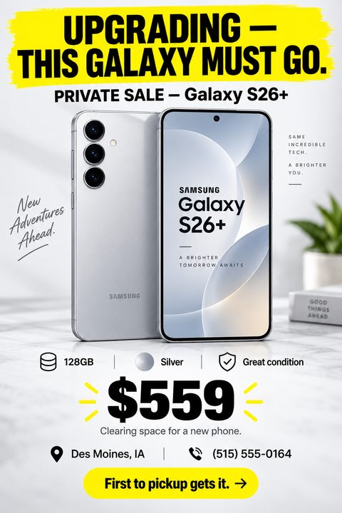 A private sale flyer for a smartphone featuring a bold yellow brushstroke header, a large photo of two silver phones, device specifications with icons, a prominent price, and contact details at the bottom.