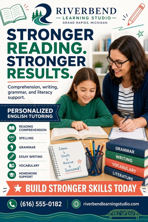 Flyer for English tutoring services featuring a photo of a teacher helping a young student read. The design includes a list of services like reading comprehension, spelling, and grammar, with playful doodle accents.