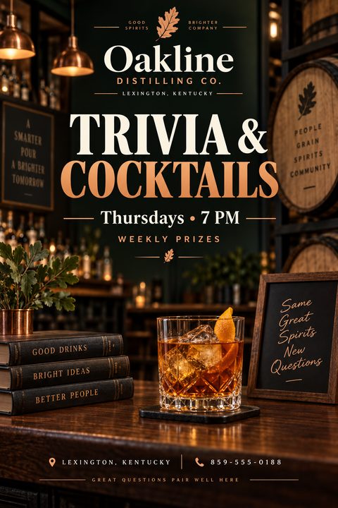 A flyer for a trivia night at a distillery, featuring a close-up of a cocktail on a wooden bar with books and a small sign. The background shows a dimly lit bar with barrels.