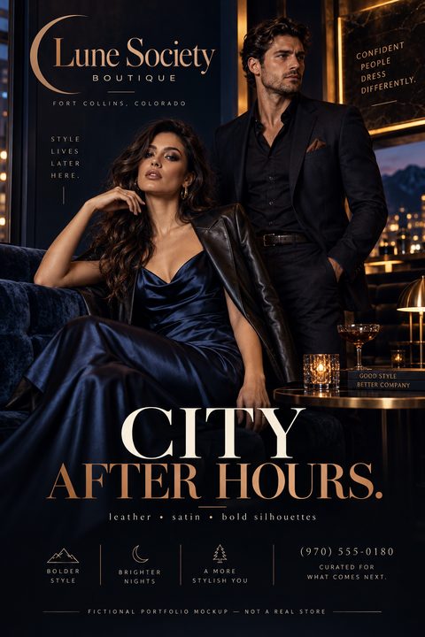 A luxurious fashion boutique flyer featuring a glamorous couple in evening wear against a dark, moody background. Elegant gold and cream typography highlights the boutique name and new collection details.