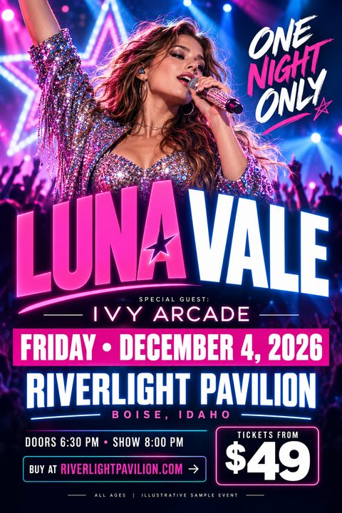 Concert flyer template featuring a female pop singer performing on stage with a microphone. Bold neon pink and white text reads 'One Night Only', 'Luna Vale', 'Special Guest: Ivy Arcade', 'Friday December 4, 2026', 'Riverlight Pavilion', 'Boise.