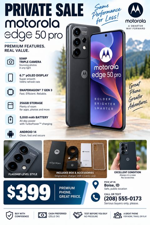 A private sale flyer for a smartphone featuring a large main product photo, a list of specs with icons, three smaller photos showing details and accessories, and a large price tag at the bottom.